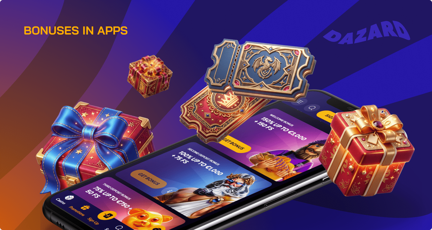There are many generous bonuses in the Dazard Casino mobile app