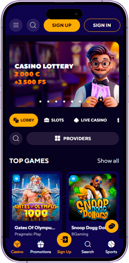 Home page of the Dazard Casino application