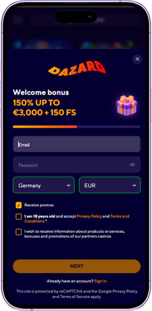 Registration in the Dazard Casino app