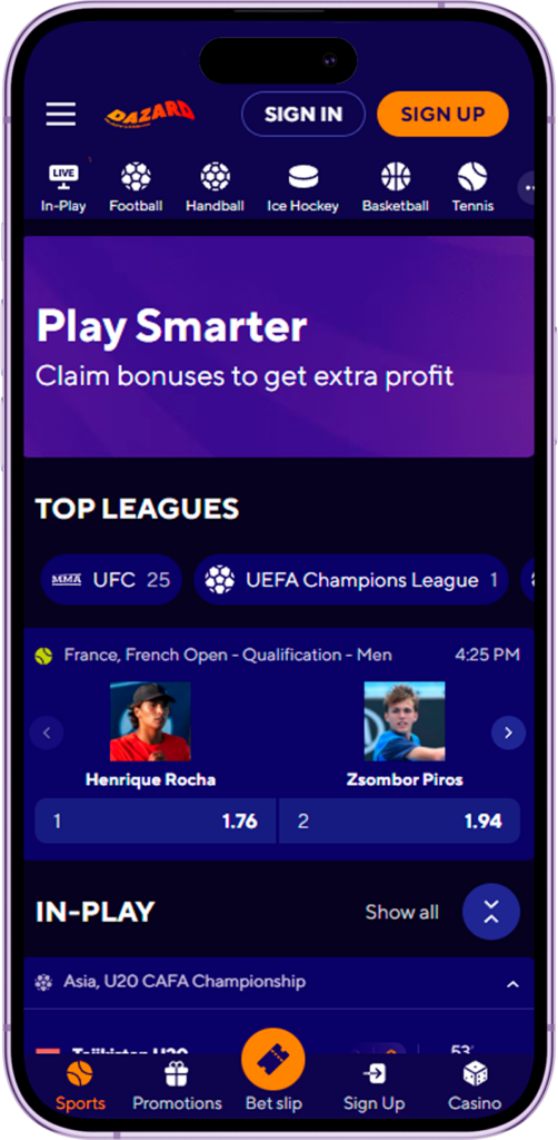 Sports betting in the Dazard Casino app