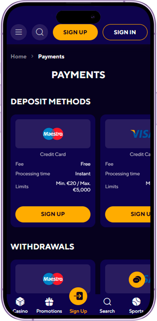 Payment methods in the Dazard Casino app
