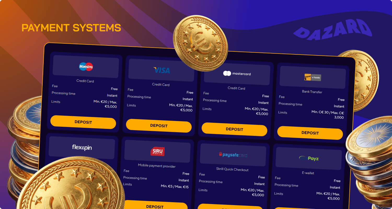 Dazard online casino offers a wide range of payment systems